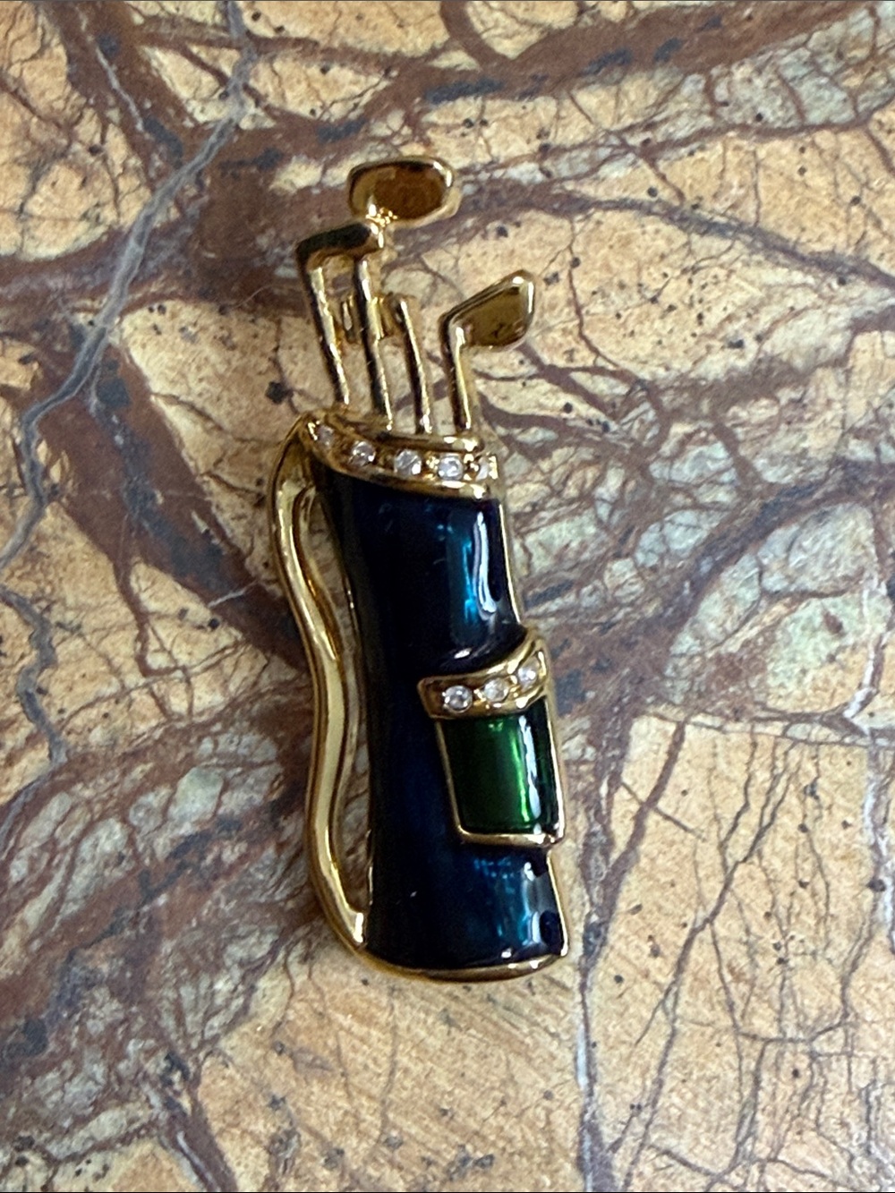 Fashion Jewelry Gold-Tone Golf Bag Brooch with Black and Green Enamel